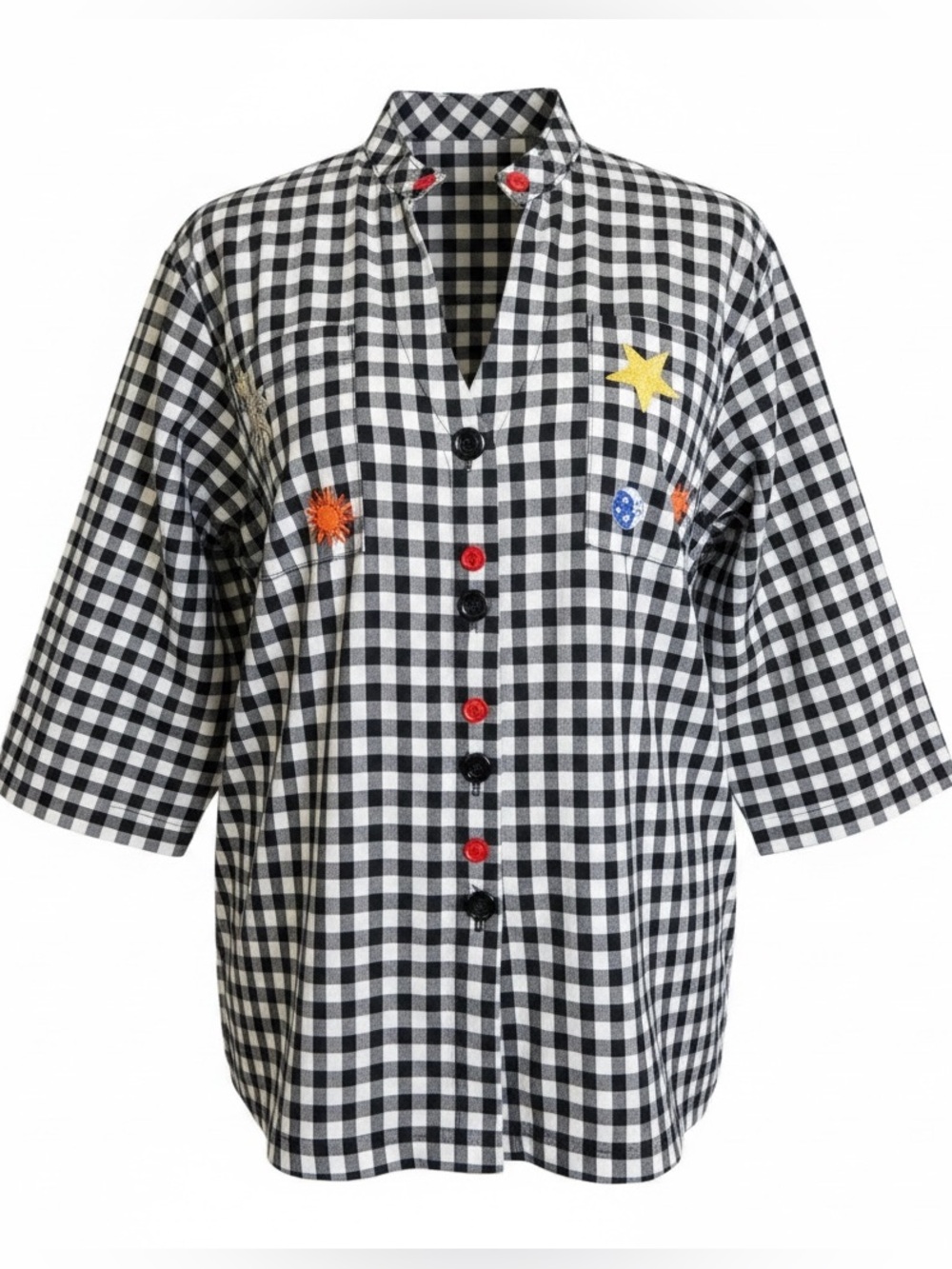 Whimsical Black & White Gingham Button Front Cotton Blend Top Womens